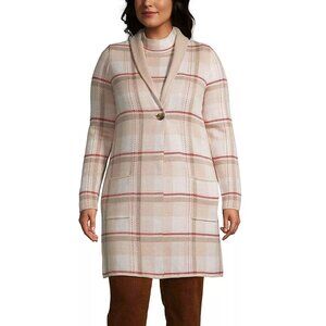Lands End Size XL Beige & Red Plaid Long Sleeve Shawl Collar Cardigan Sweater